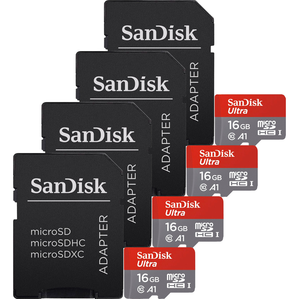 Sandisk MicroSDHC Ultra 16GB Class 10 A1 + SD adapter Quad Pack bestellen