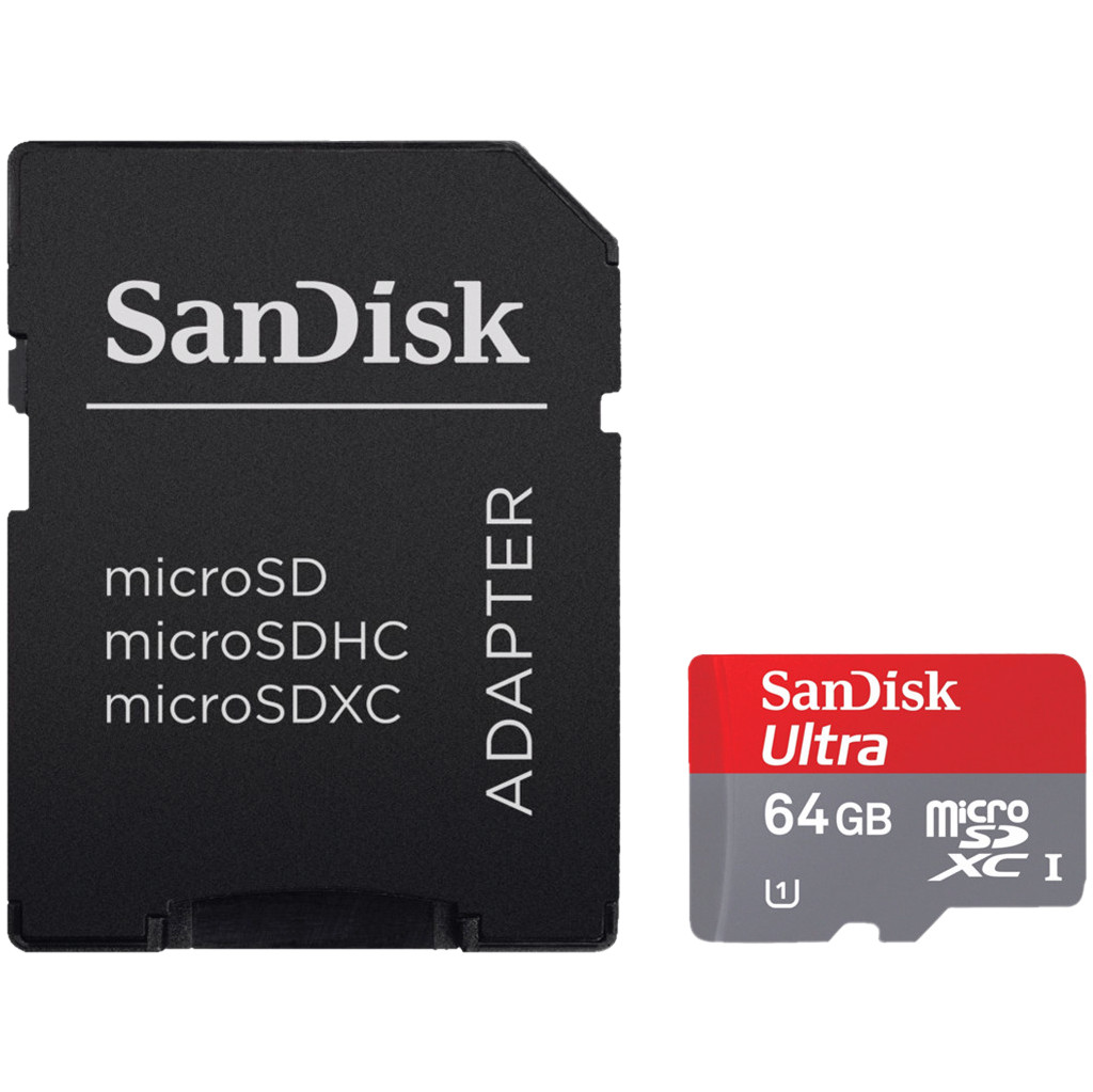 SanDisk MicroSDHC Ultra 64GB 120 MB/s CL10 A1 UHS-1 + SD Ada bestellen