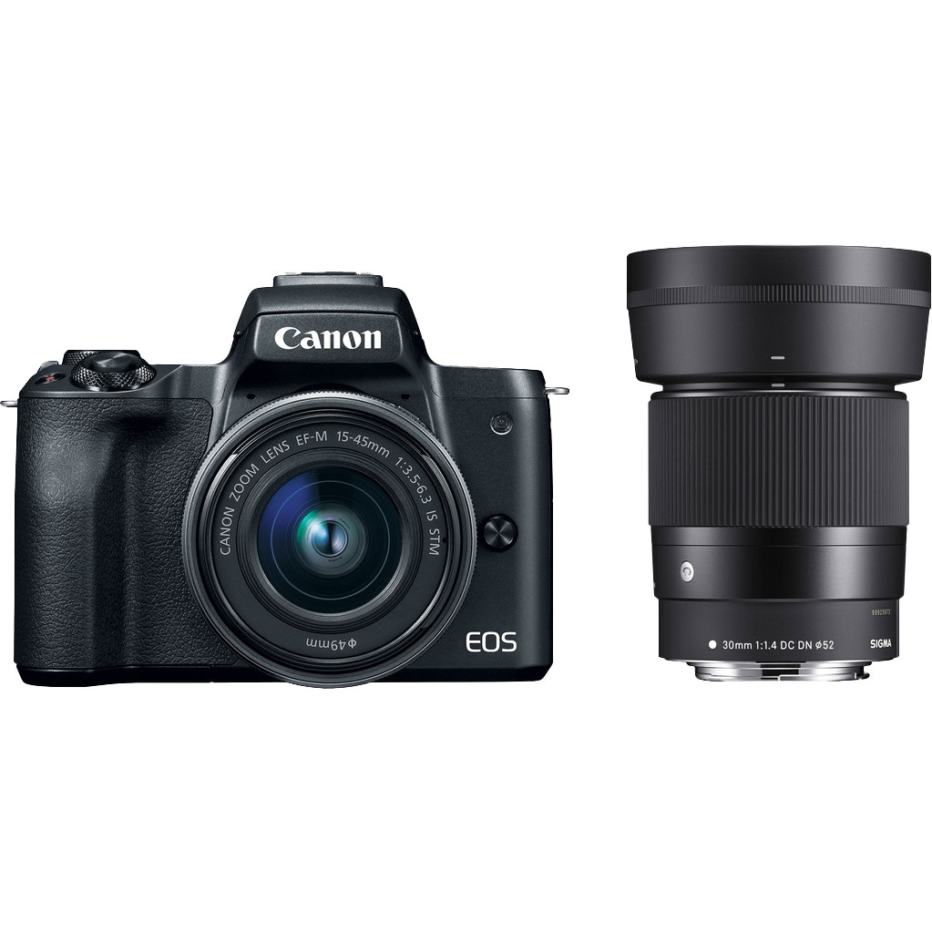 Canon EOS M50 Zwart + 15-45mm IS STM + Sigma 30mm f/1.4 DC DN bestellen